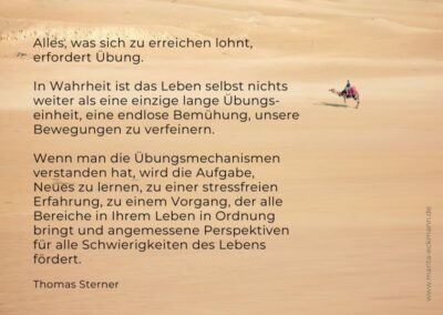 Alles, was sich zu erreichen lohnt, erfordert Übung. In Wahrheit ist das Leben selbst nichts weiter als eine einzige lange Übungseinheit, eine endlose Bemühung, unsere Bewegungen zu verfeinern.